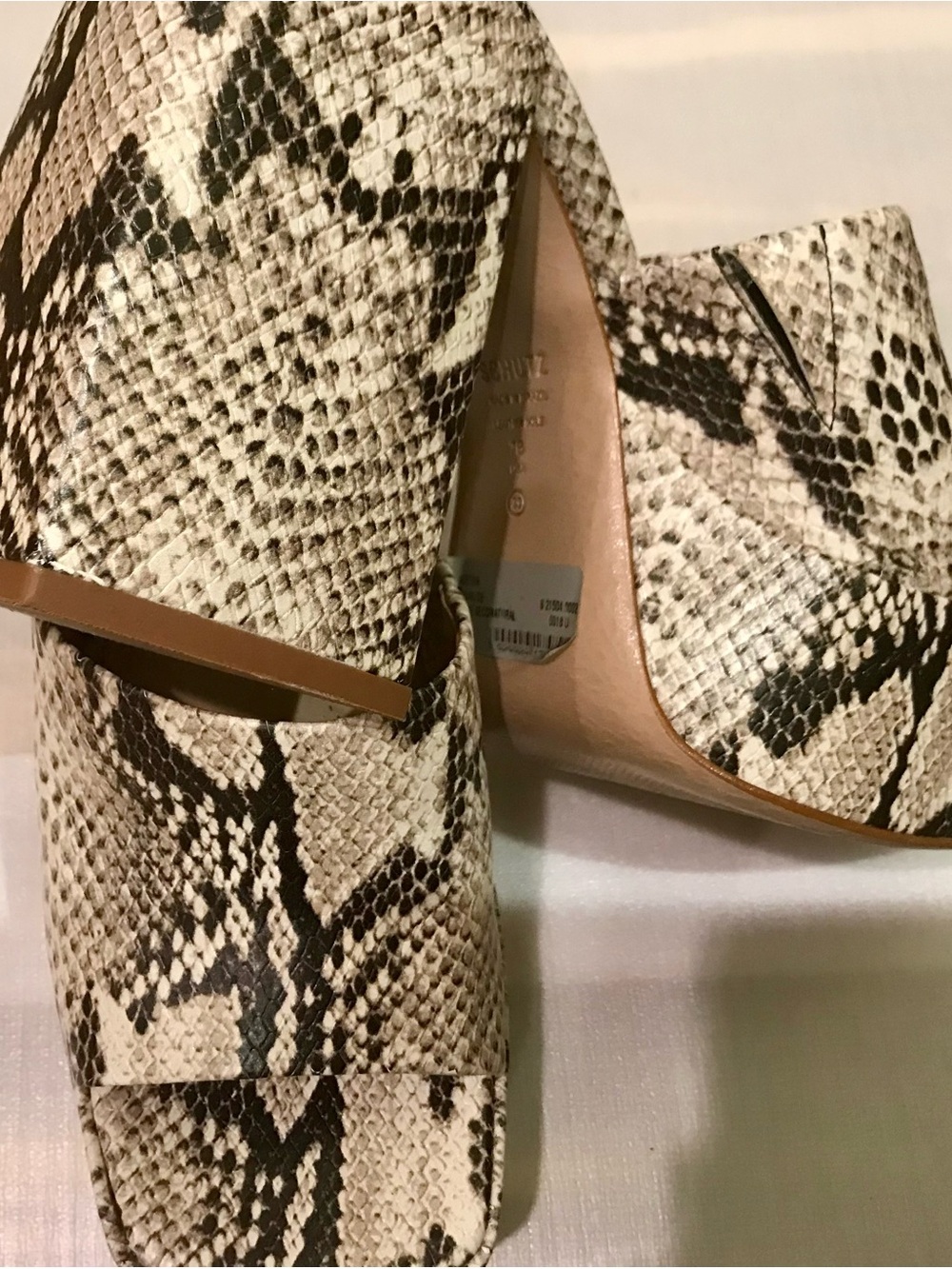 SCHUTZ Snake-Print Mules with Brown Strap